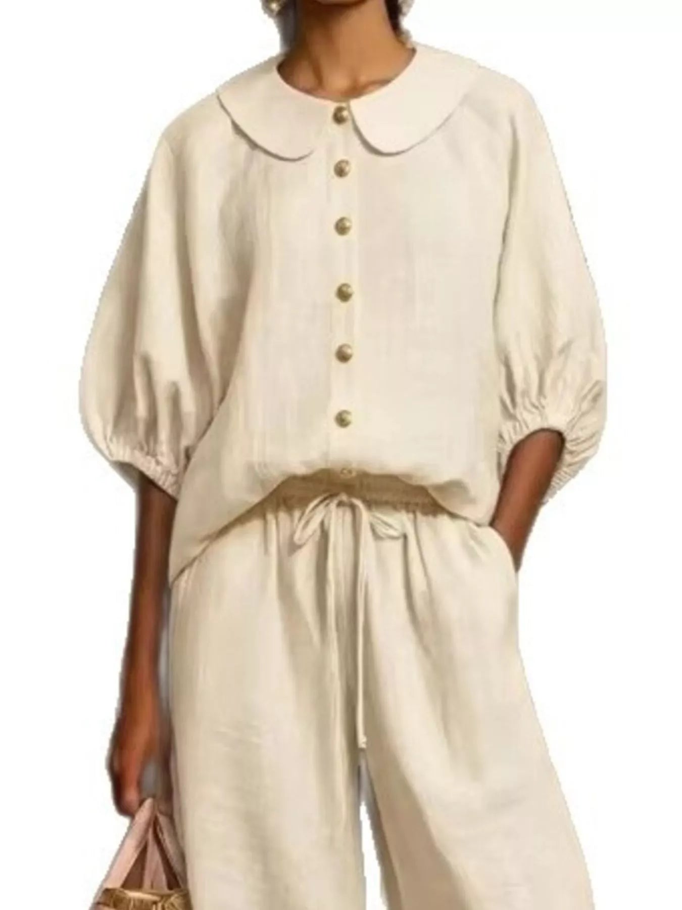 Full Size Button Down Half Sleeve Top and Pants Set Plus Size
