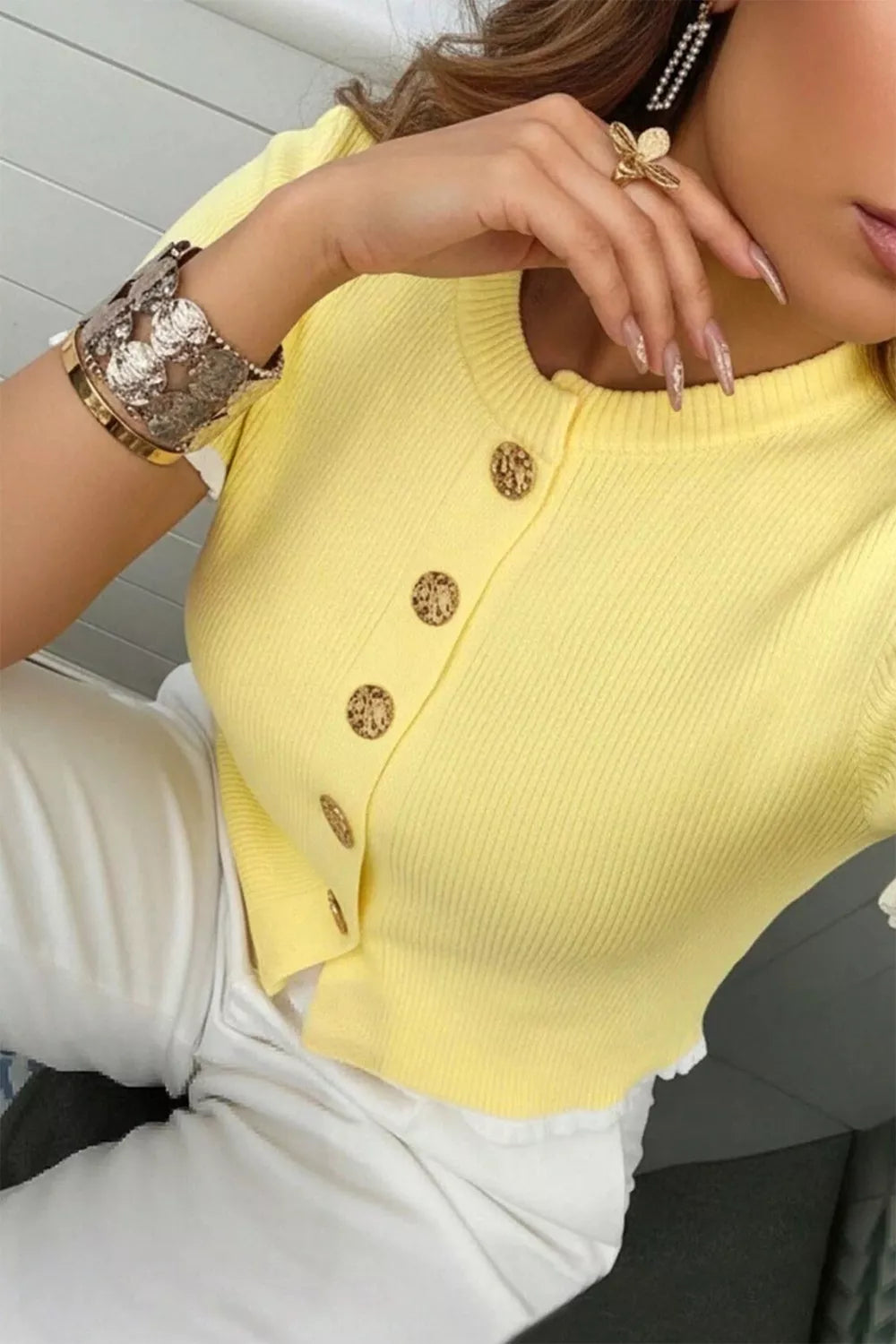 Ribbed Knit Contrast Frilled Short Sleeve Sweater Cardigan
