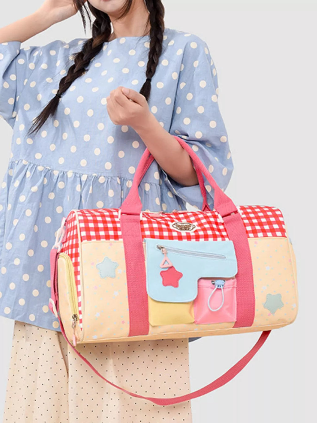 Gingham Duffel Bag with Multi-Pockets