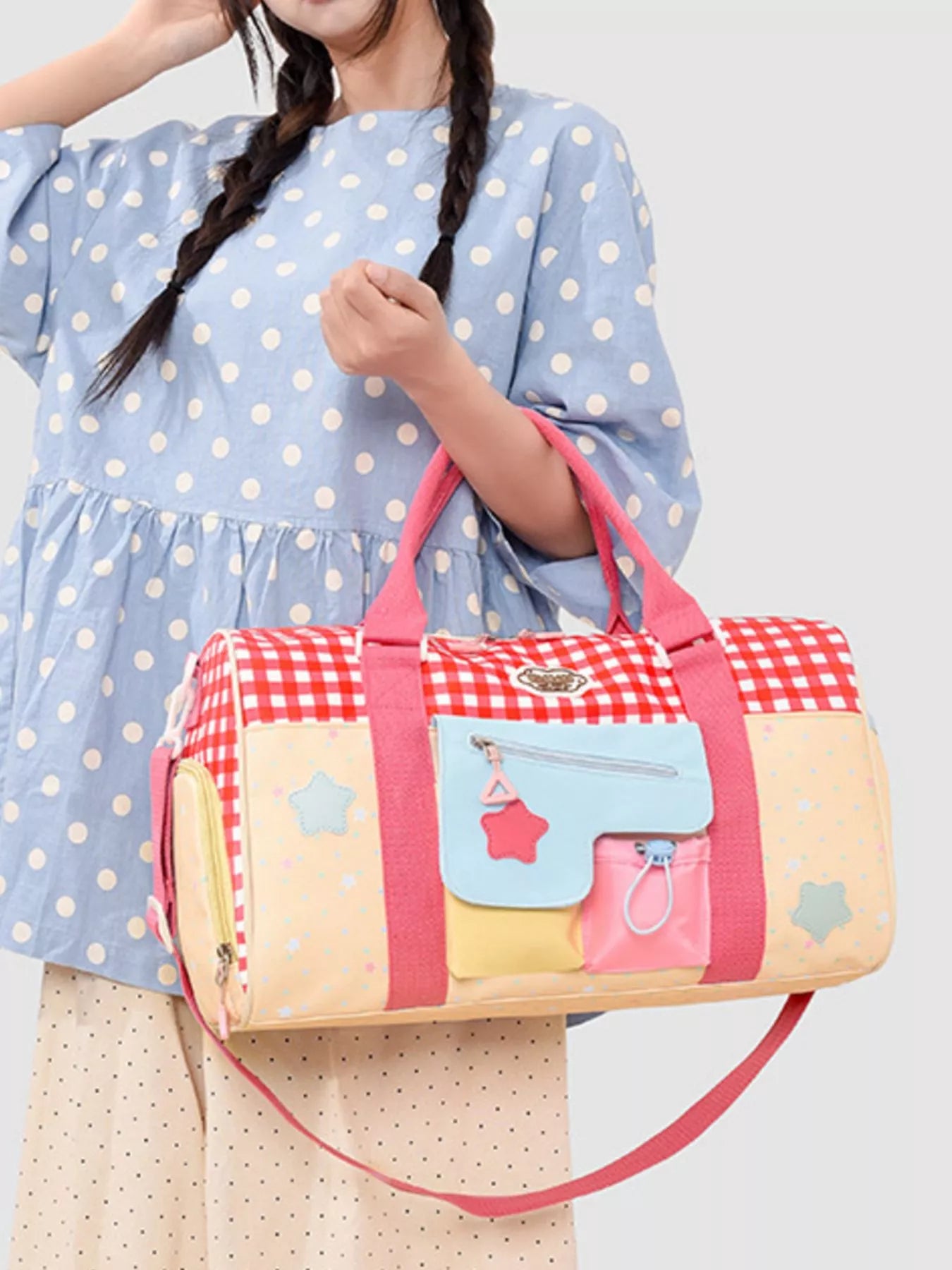 Gingham Duffel Bag with Multi-Pockets