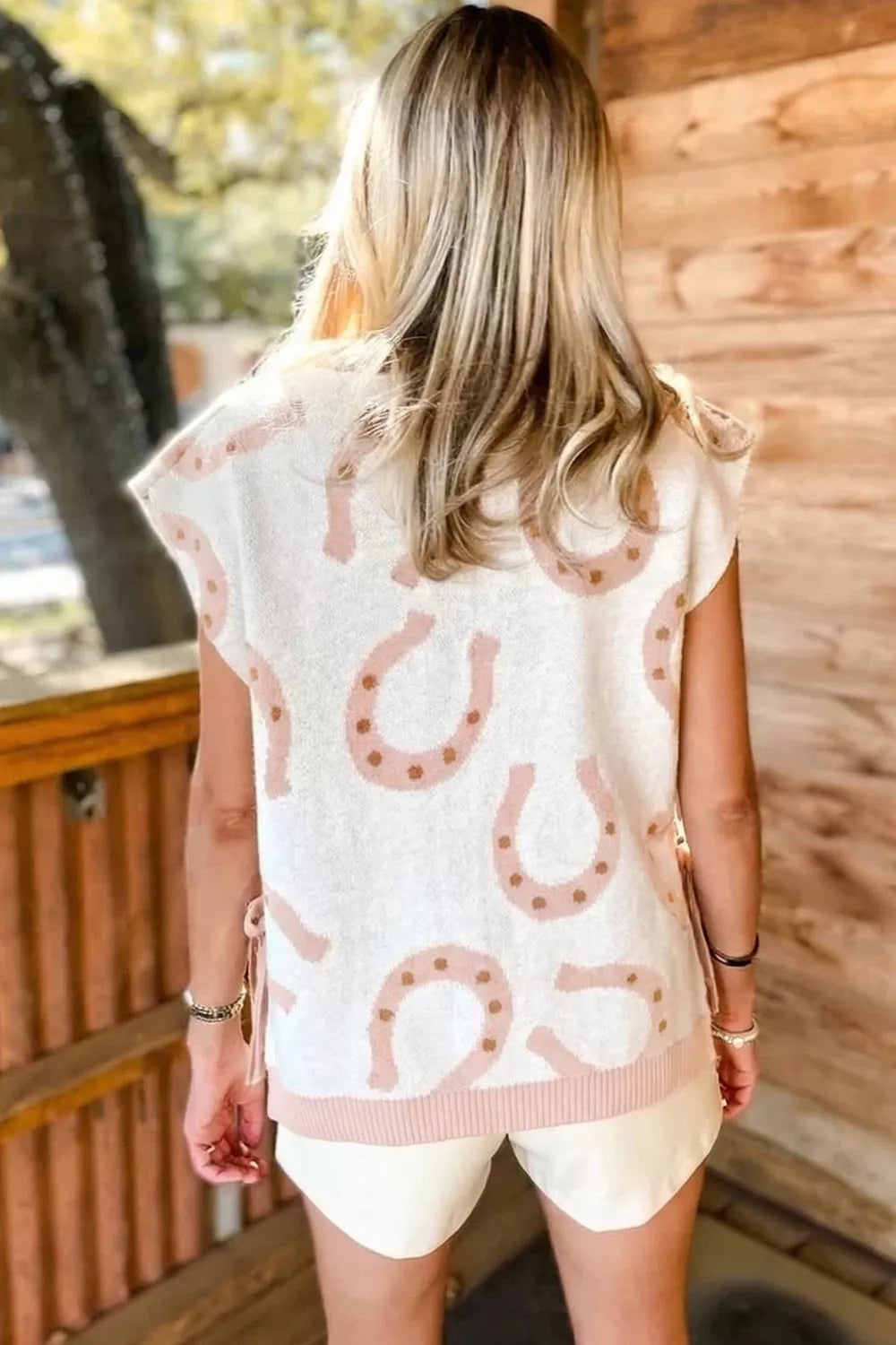 Horse Shoe Western Print Tied Side Cap Sleeve Knit Top