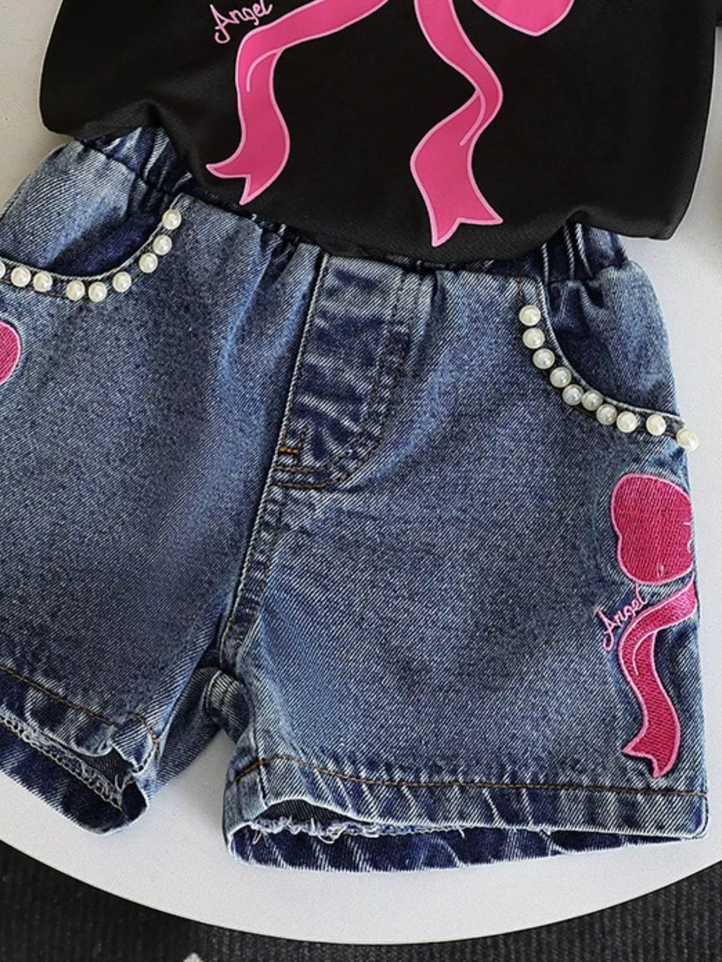 Children's Bowknot T-shirt and Denim Shorts Set
