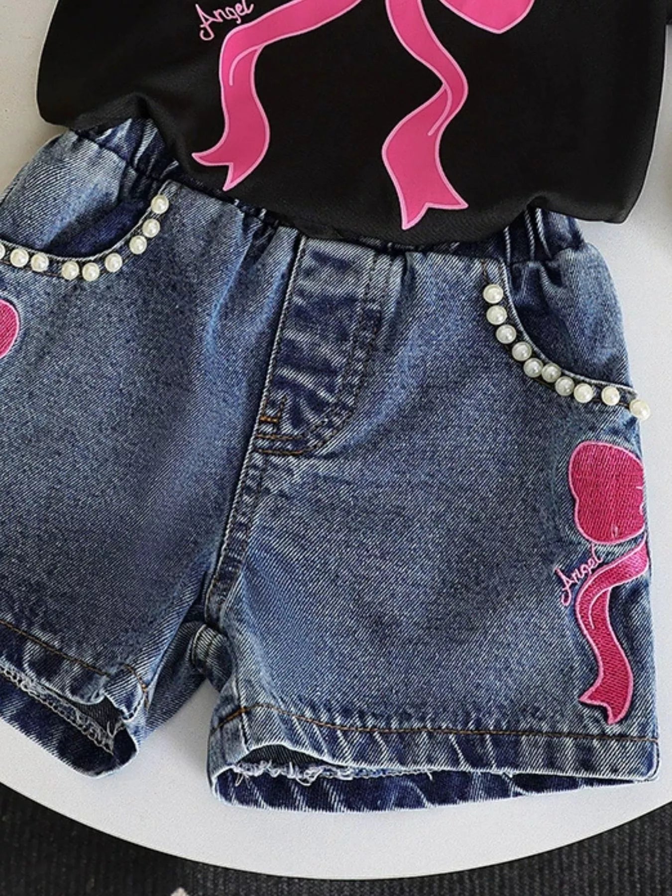 Children's Bowknot T-shirt and Denim Shorts Set