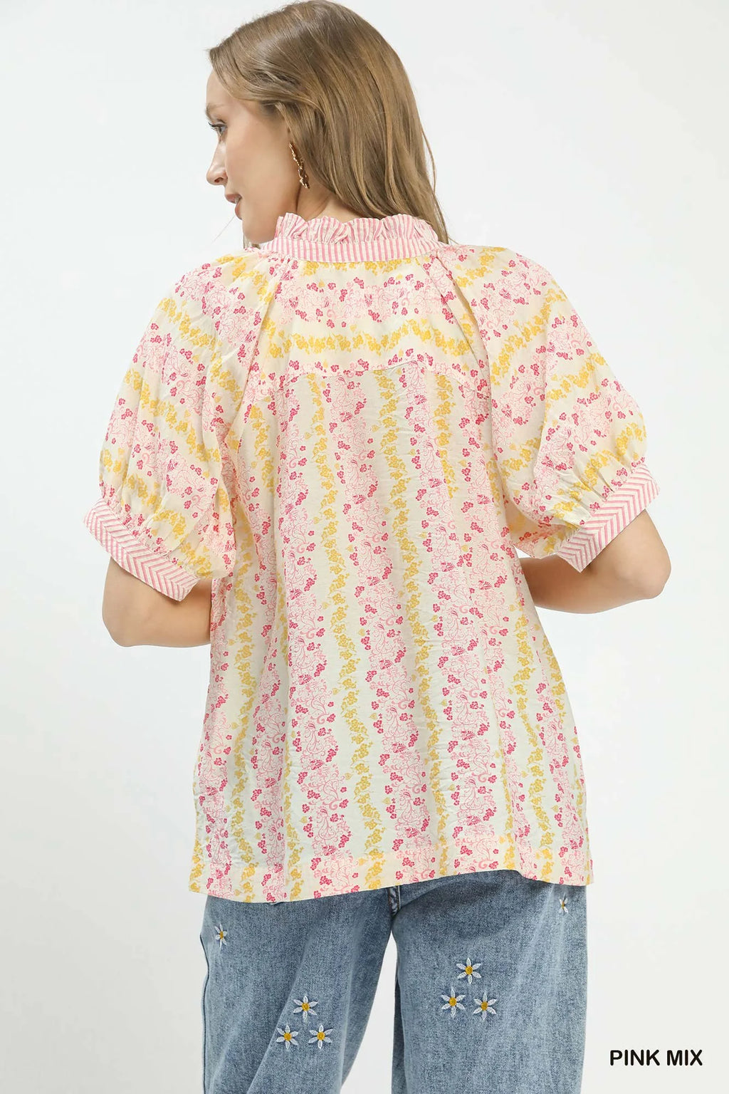 Umgee Mix Print Boho Blouse with Contrast Trim