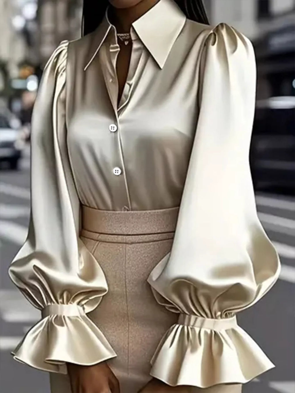 Satin Button Up Flounce Sleeve Shirt