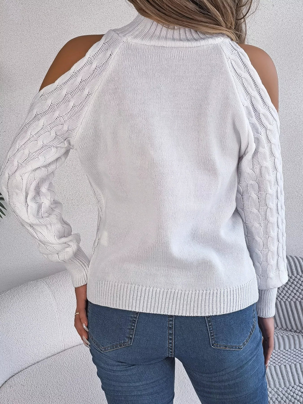 Cable Knit Cold Shoulder Turtleneck Sweater