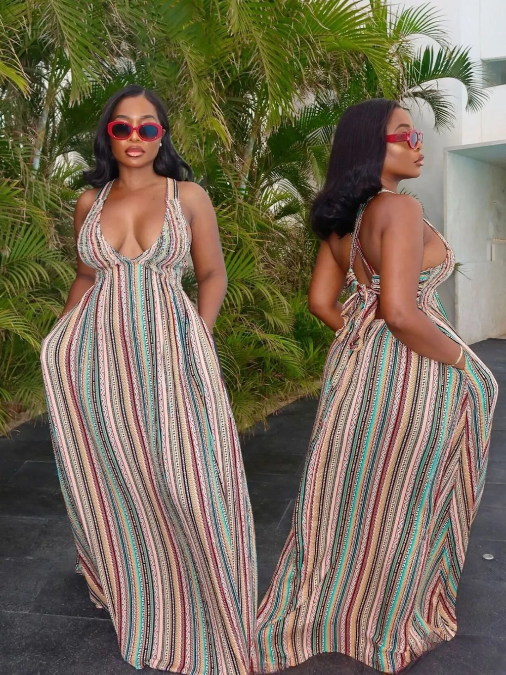 Striped Deep V-Neck Maxi Dress