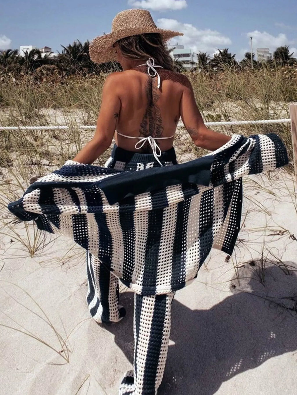 Striped Crochet Knit Shirt and Pants Set