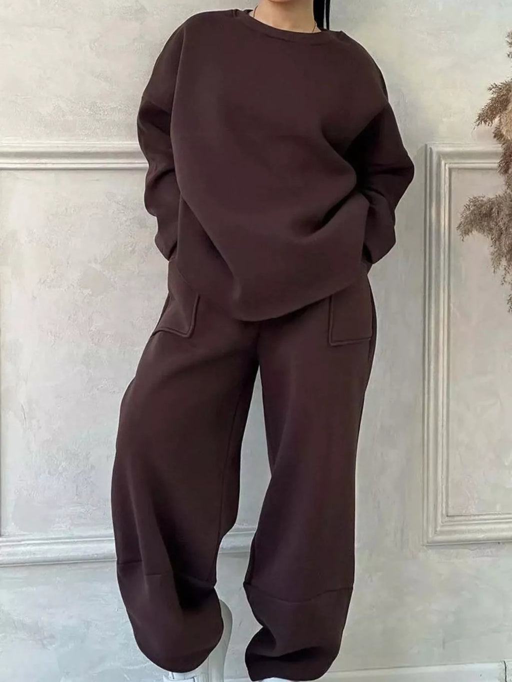 Full Size Oversized Round Neck Top and Pants Set Plus Size