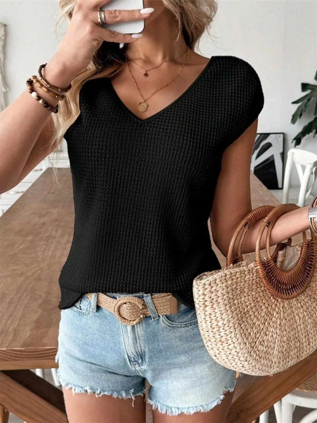 Waffle Knit V-Neck Cap Sleeve Top