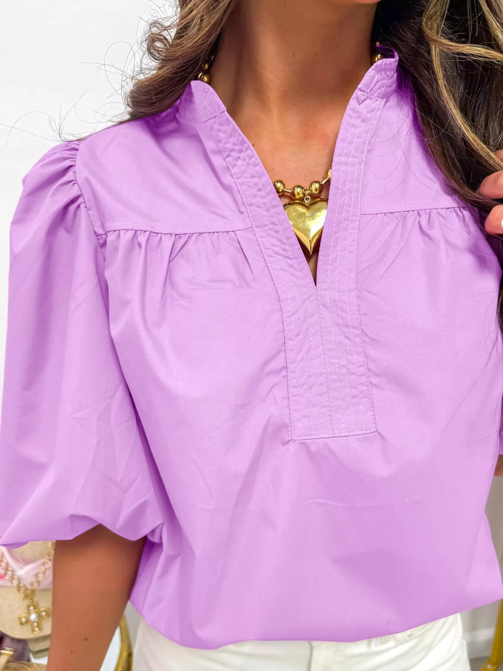 Notched Puff Sleeve Blouse