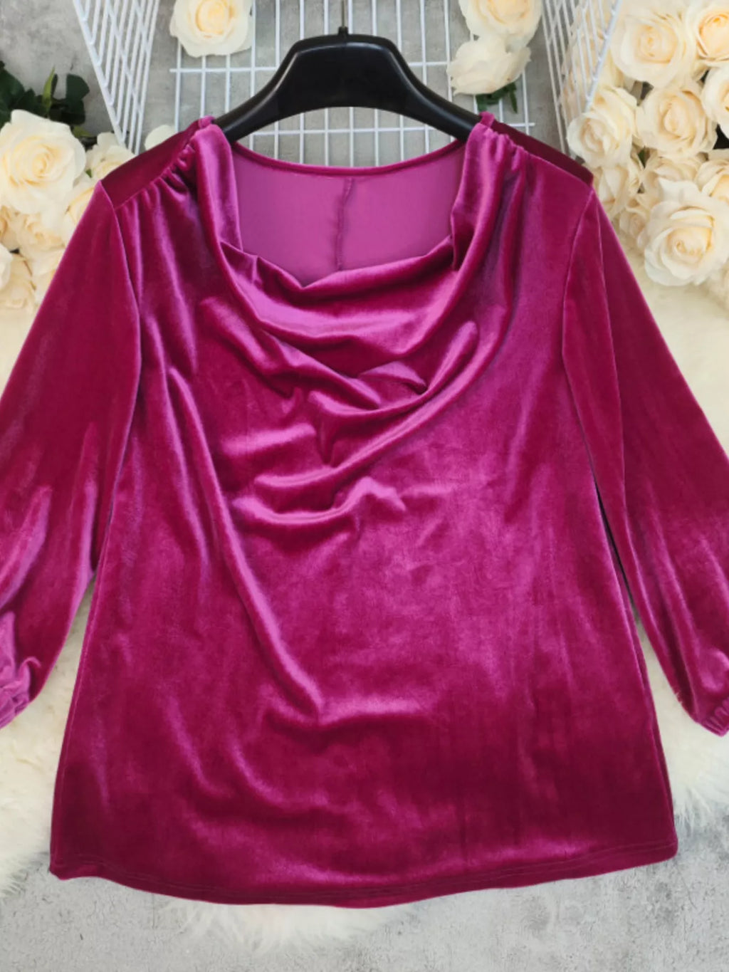 Cowl Neck Long Sleeve Velvet Blouse