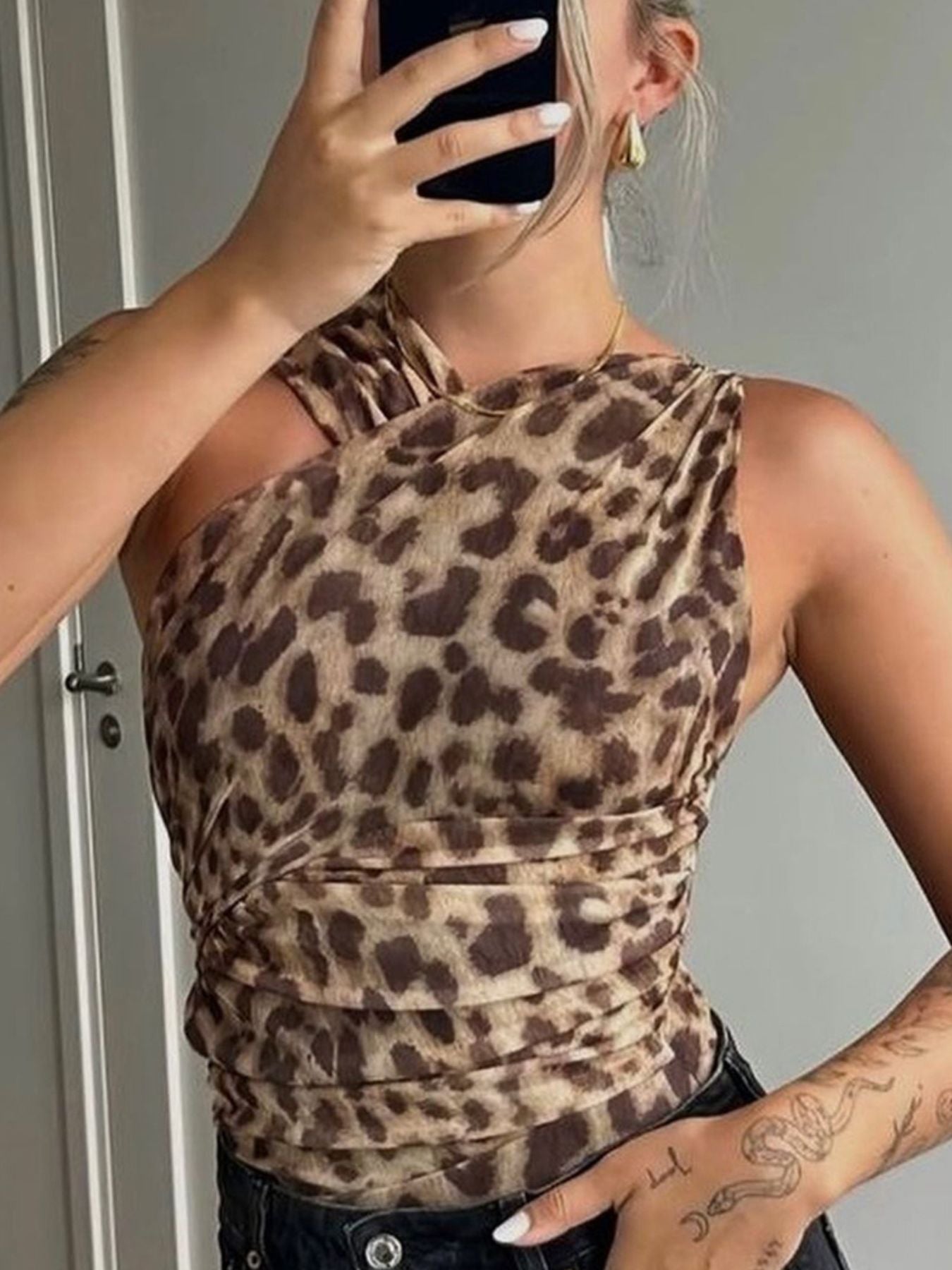 Asymmetrical Neck Leopard Bodysuit