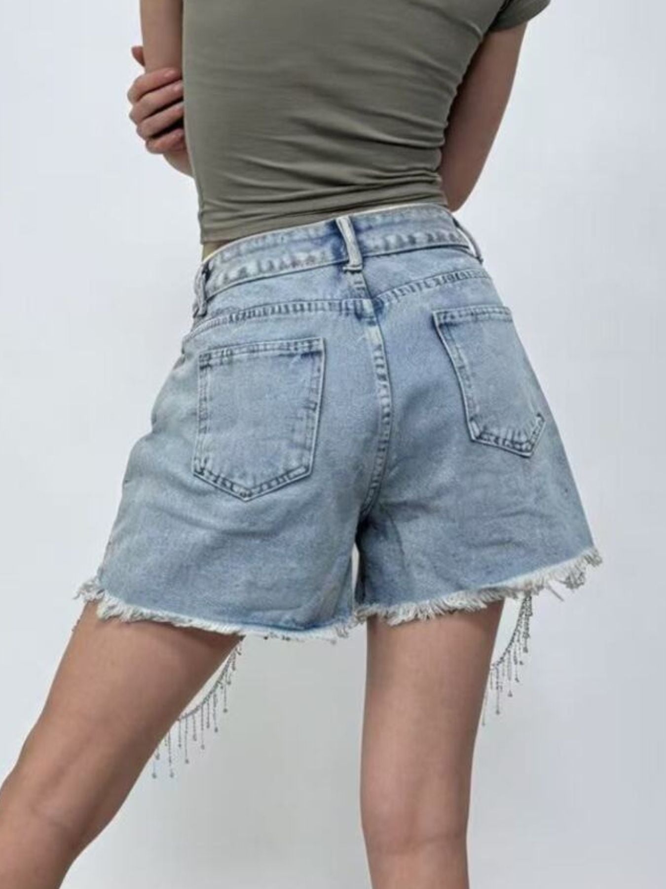 Rhinestone Chain Raw Hem Denim Shorts