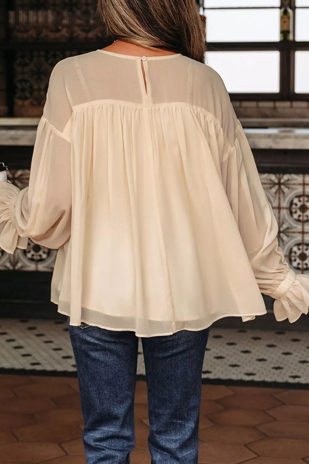 Round Neck Ruffle Sleeve Blouse