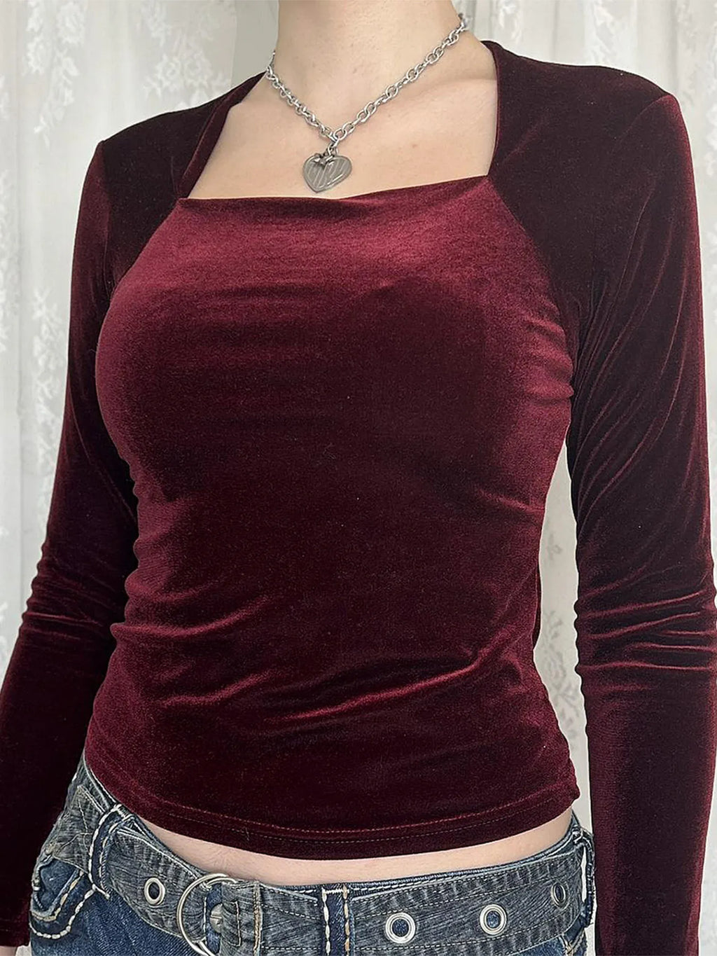 Velvet Long Sleeve Square Neck T-Shirt