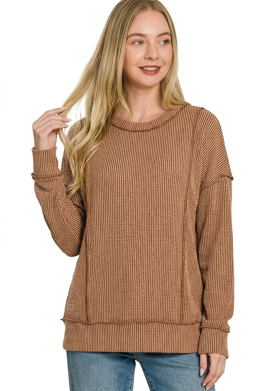 Zenana Corded Rib Long Sleeve Round Neck Top
