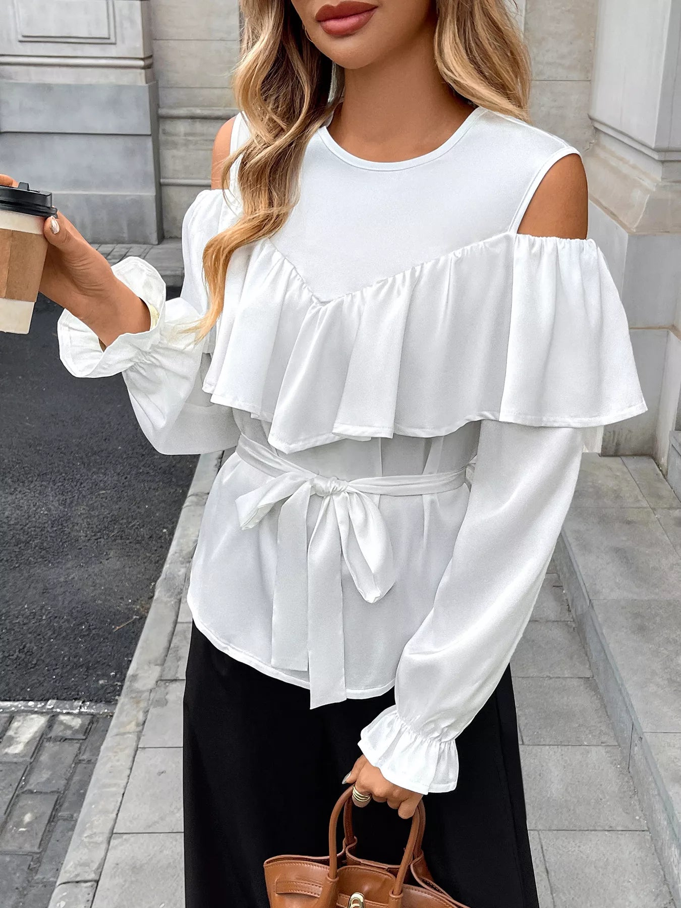 Ruffled Cold Shoulder Flounce Sleeve Blouse
