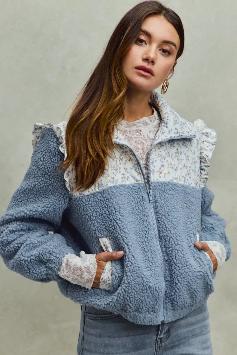 SO ME Faux Fur Sherpa Pull Jacket with Floral Contrast