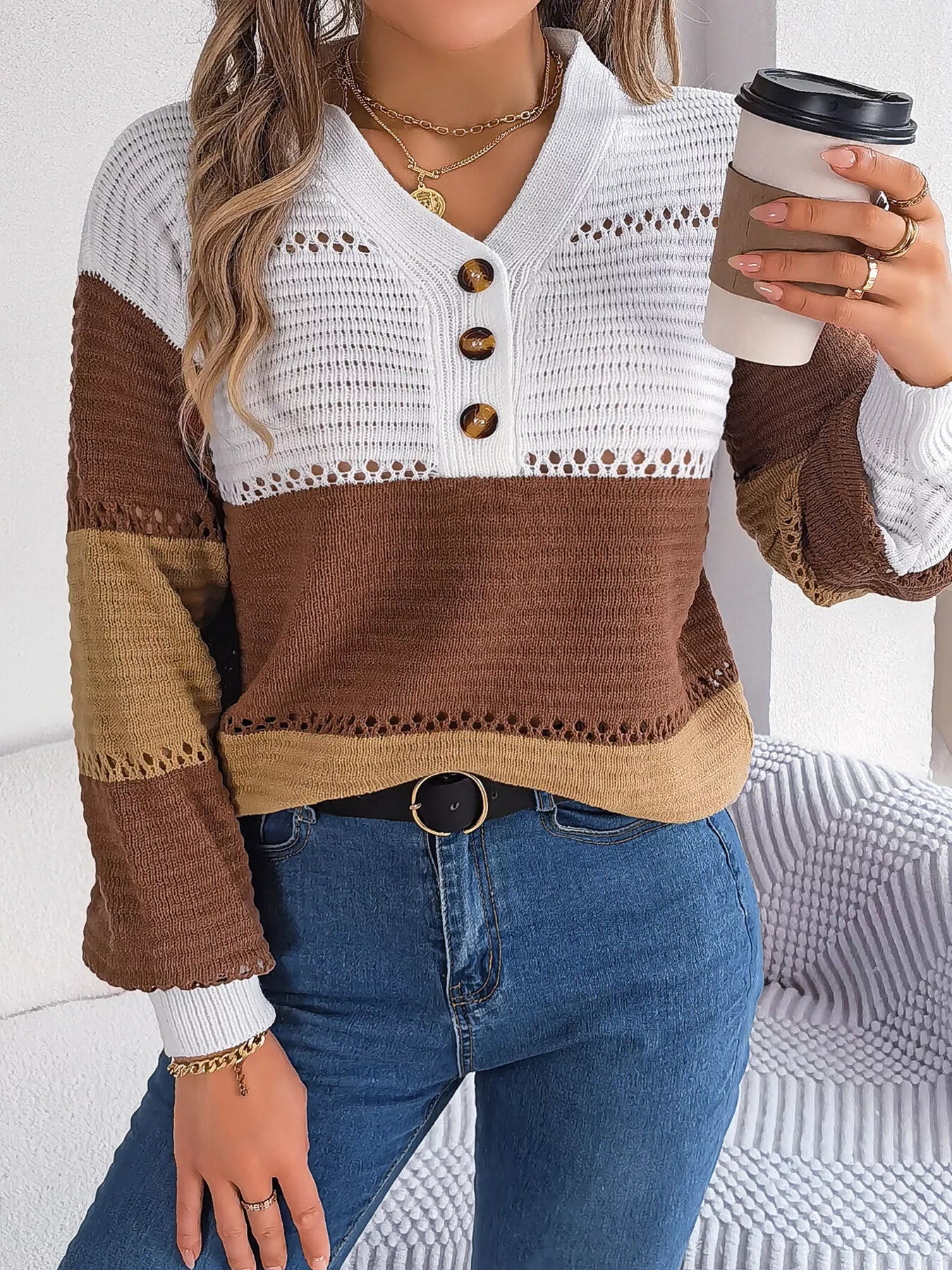 Color Block Striped V-Neck Button Detail Sweater
