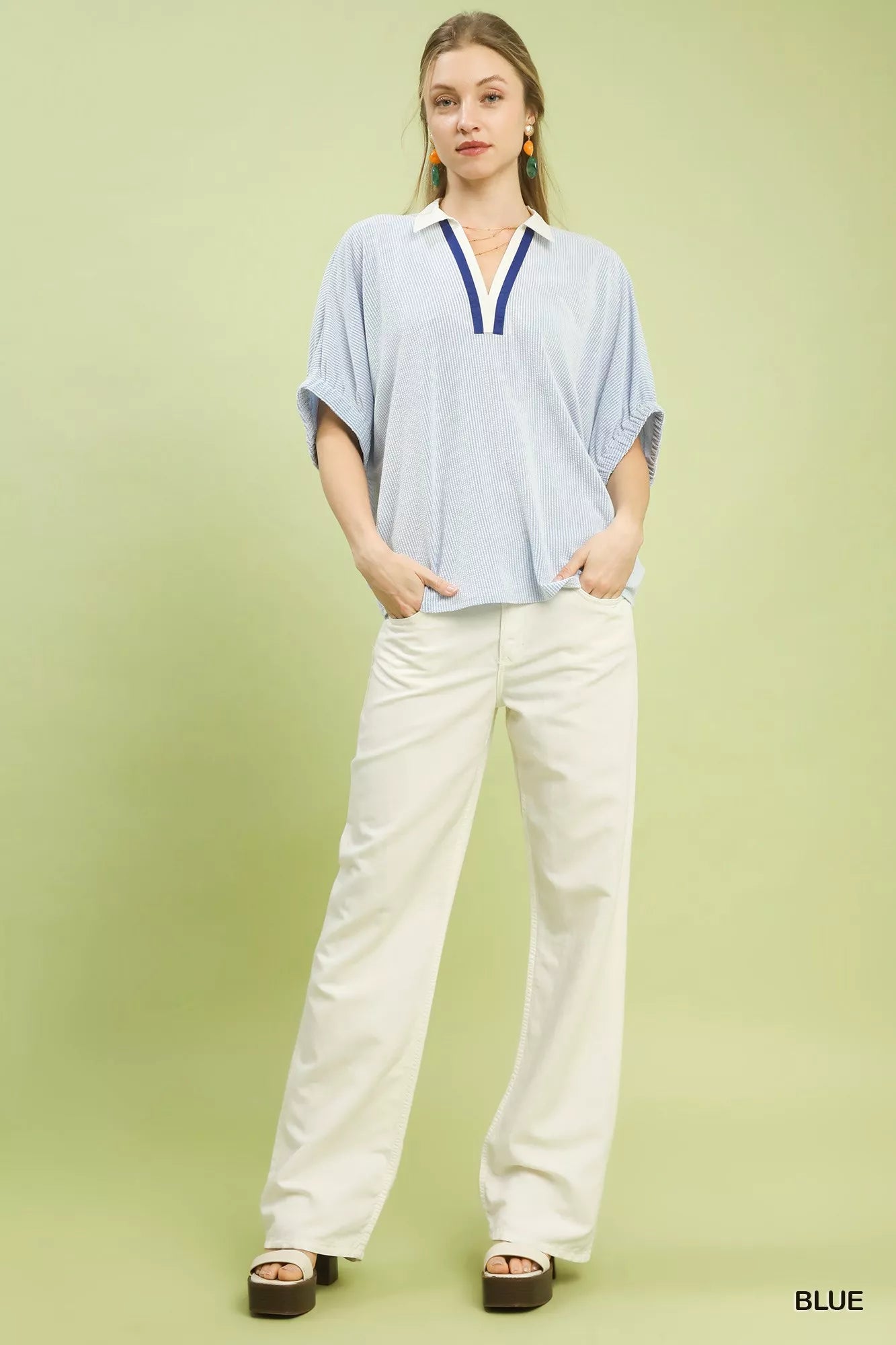 Contrast Collar V-Neck Top