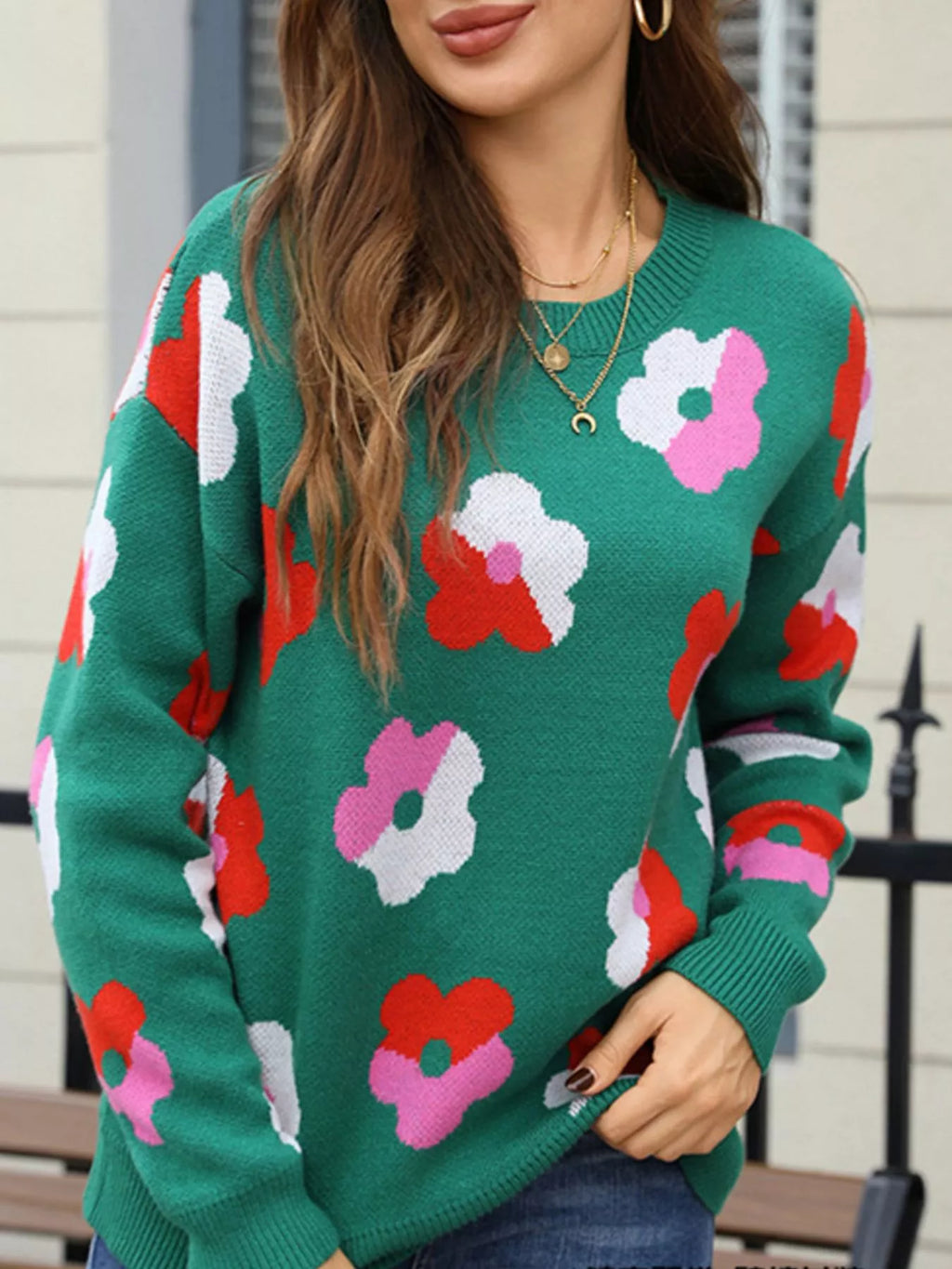 Floral Crew Neck Long Sleeve Sweater