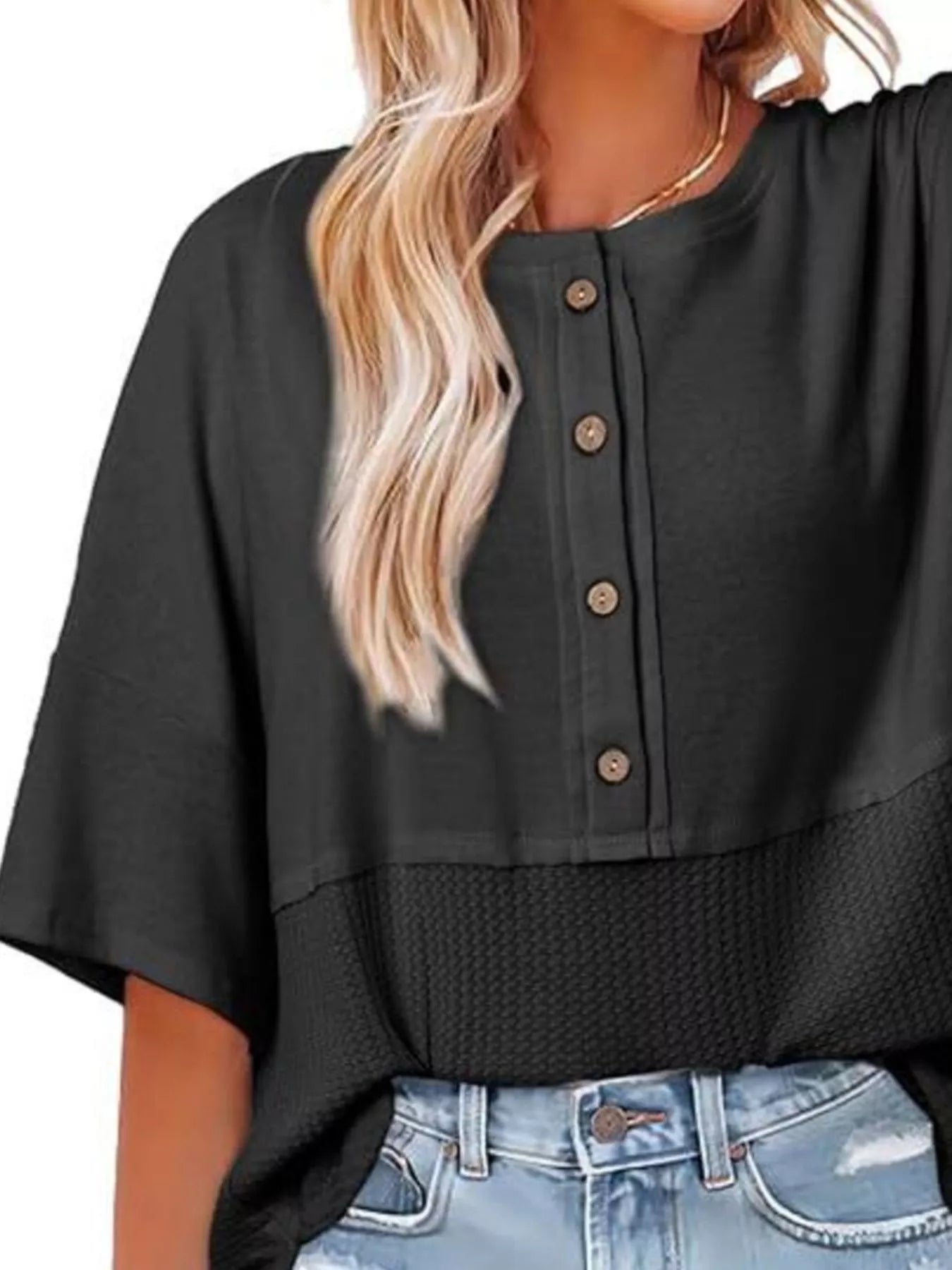 Button Detail Texture Knit T-Shirt