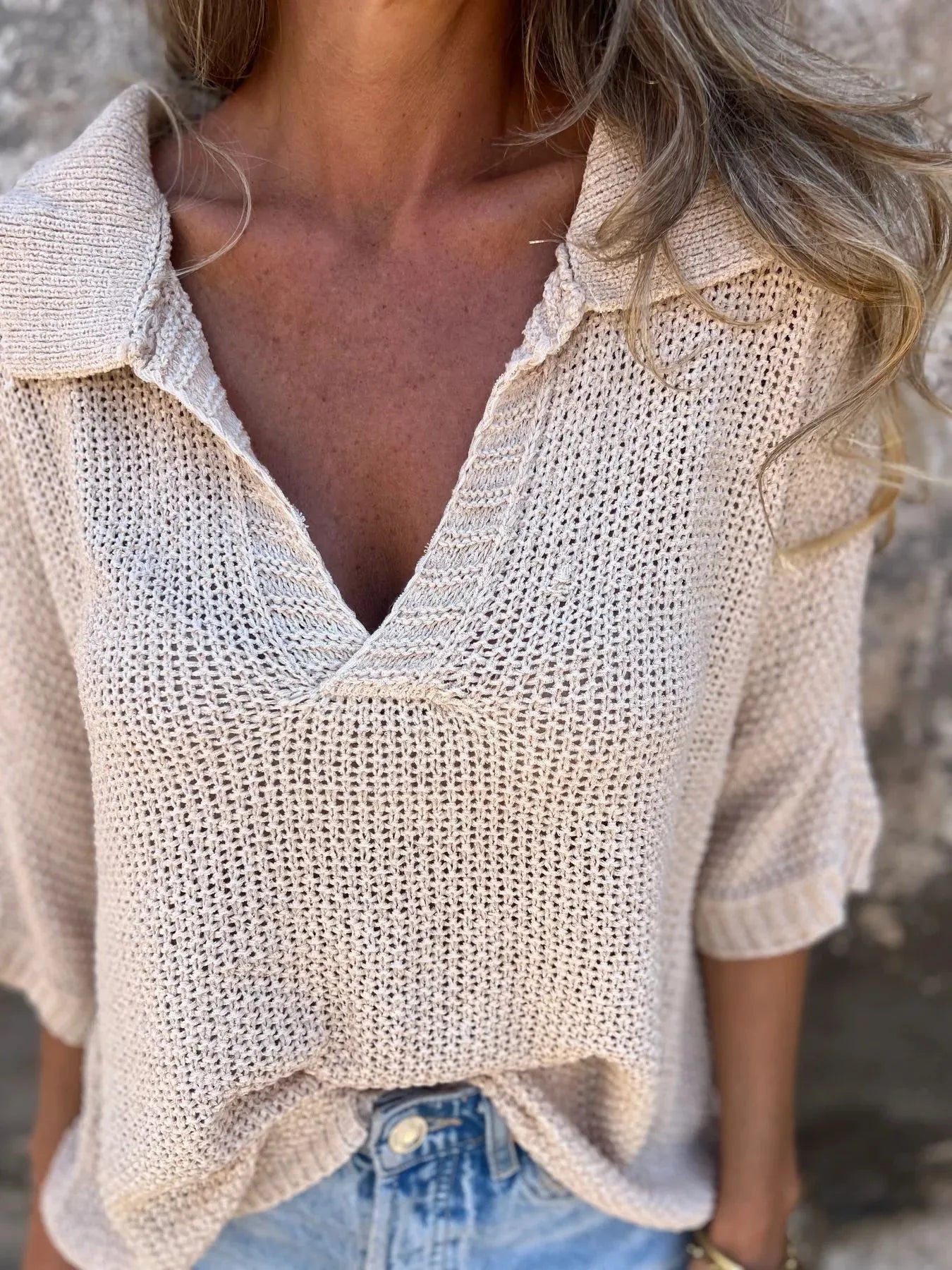 Full Size Johnny Collar Loose Knit Sweater Plus Size