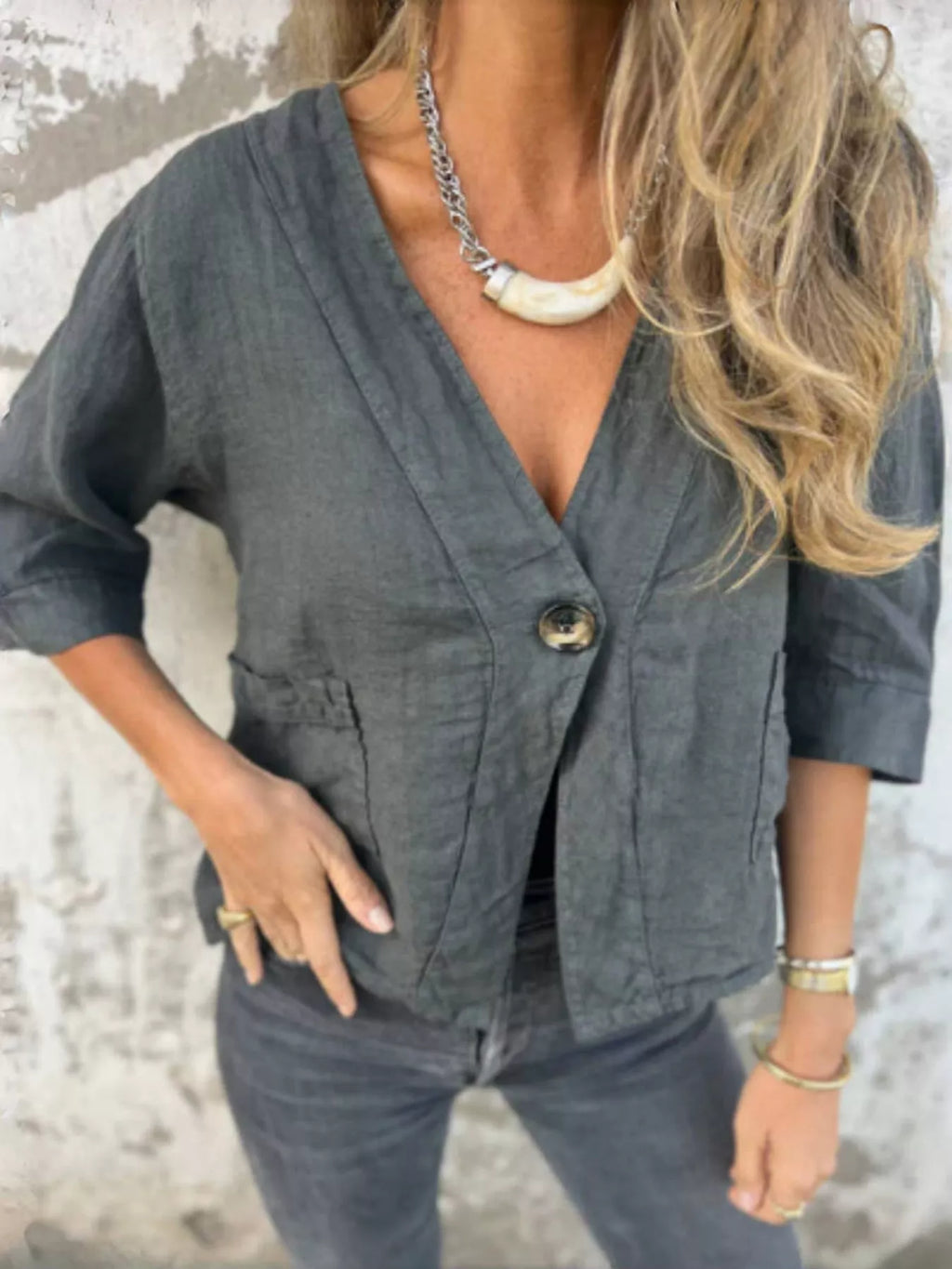 Full Size One Button V-Neck Shirt Plus Size