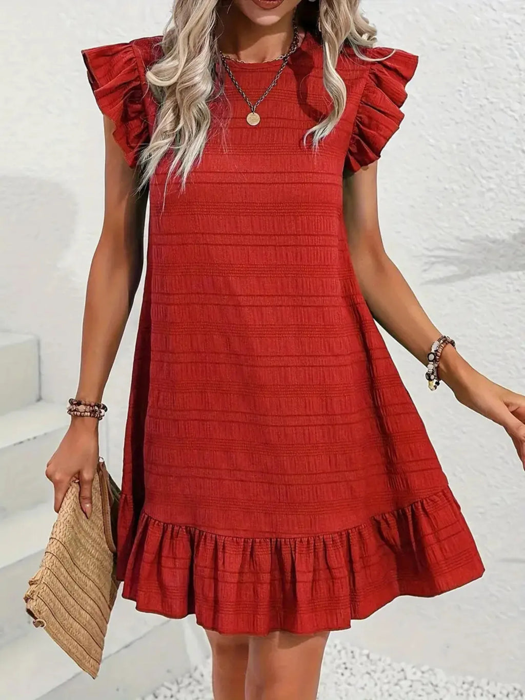 Full Size Ruffled Flutter Sleeve Textured Mini Dress Plus Size