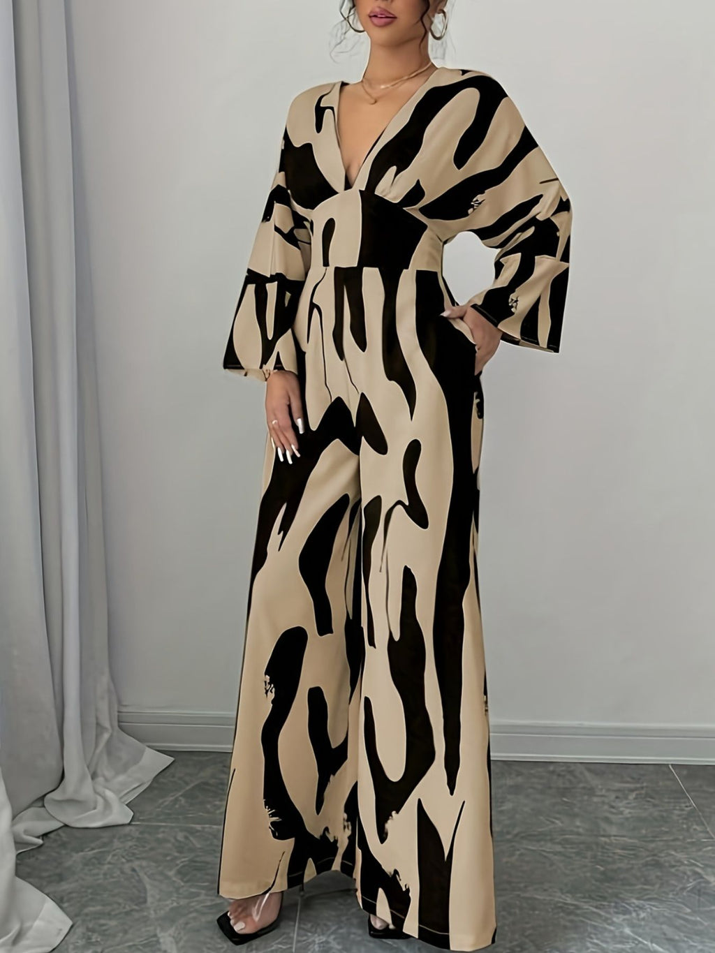Abstract Print V-Neck Wide Leg Jumpsuit
