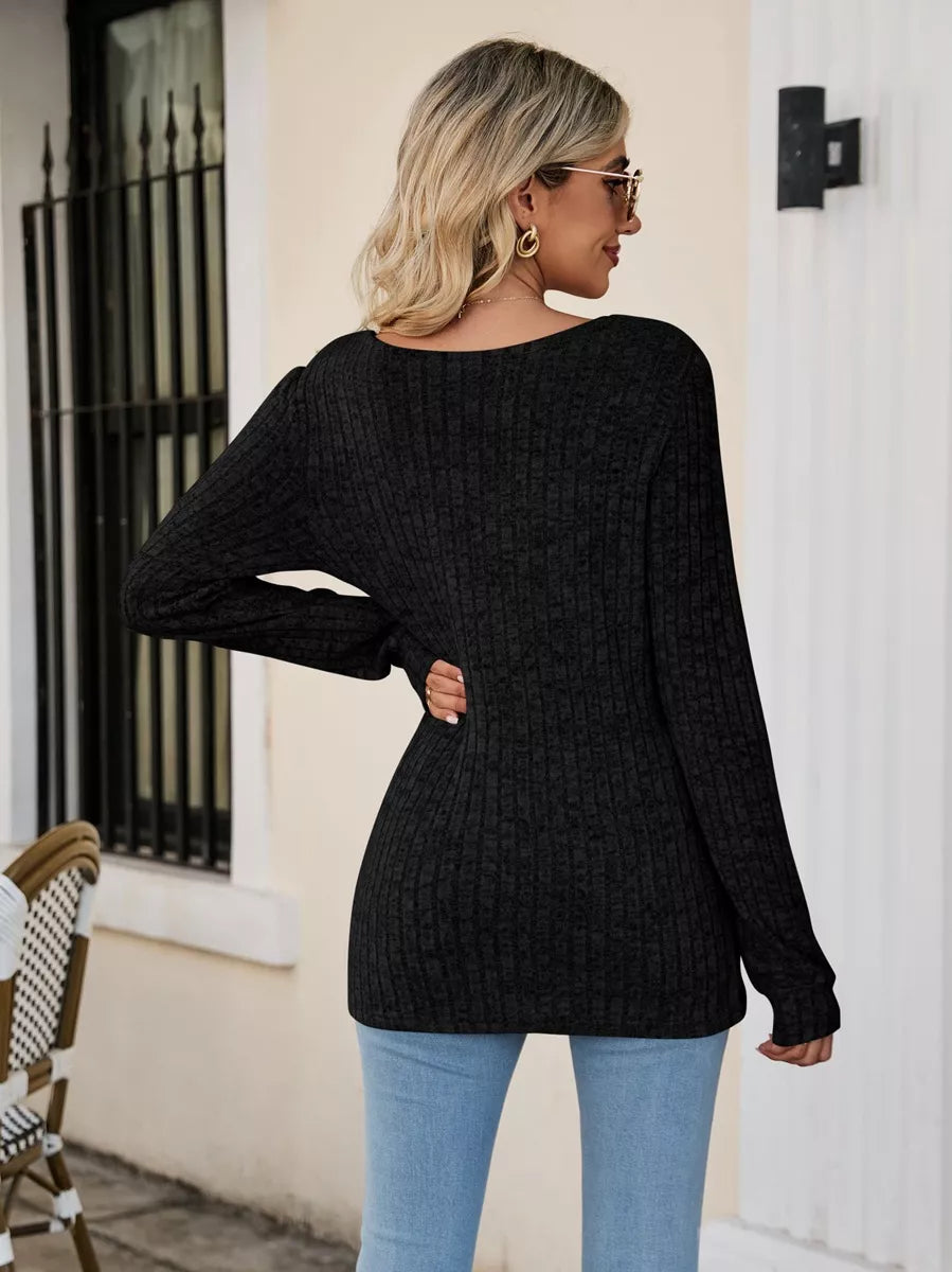 Ribbed Square Neck Long Sleeve T-Shirt