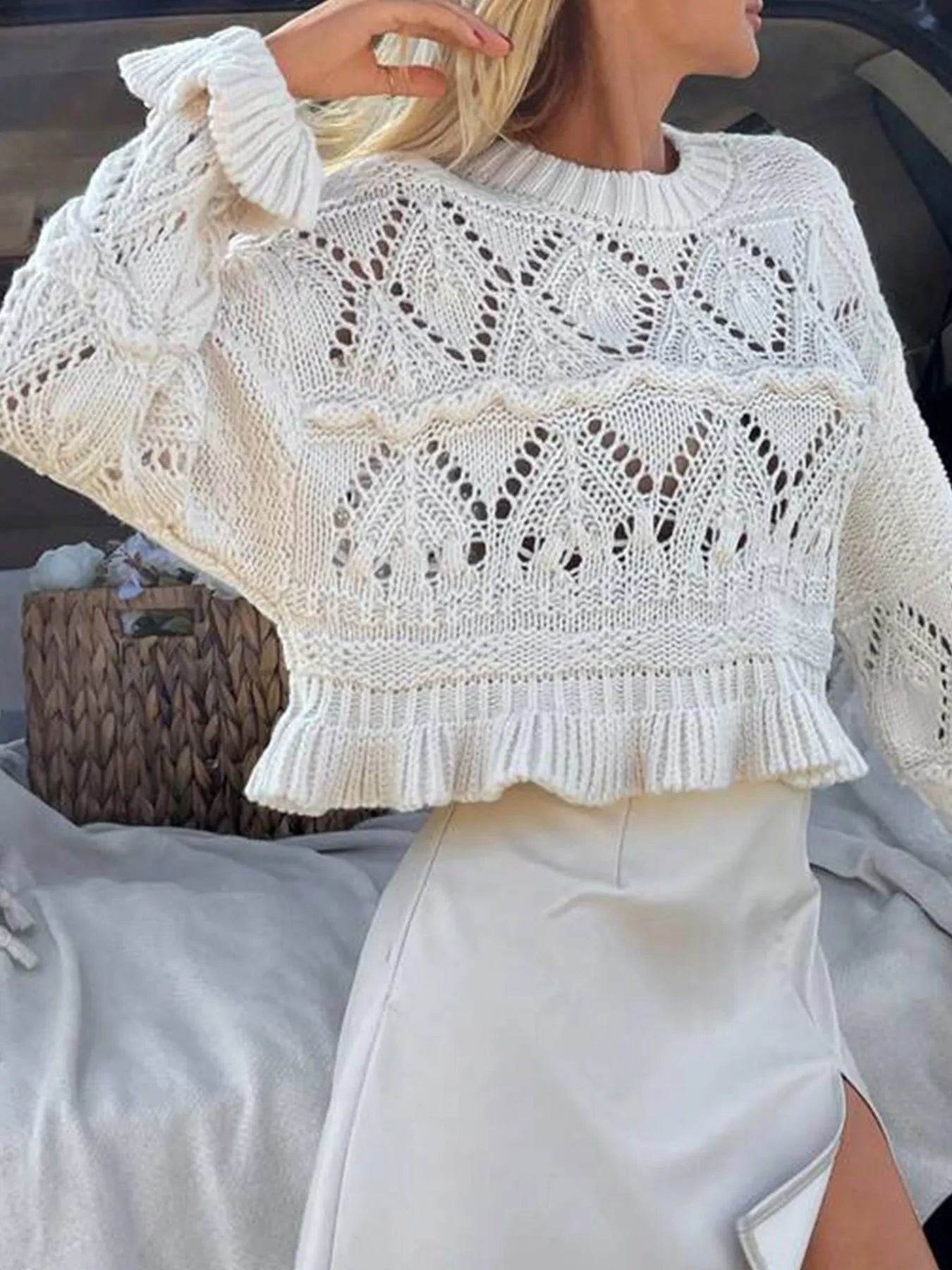 Crochet Ruffled Hem Long Sleeve Sweater
