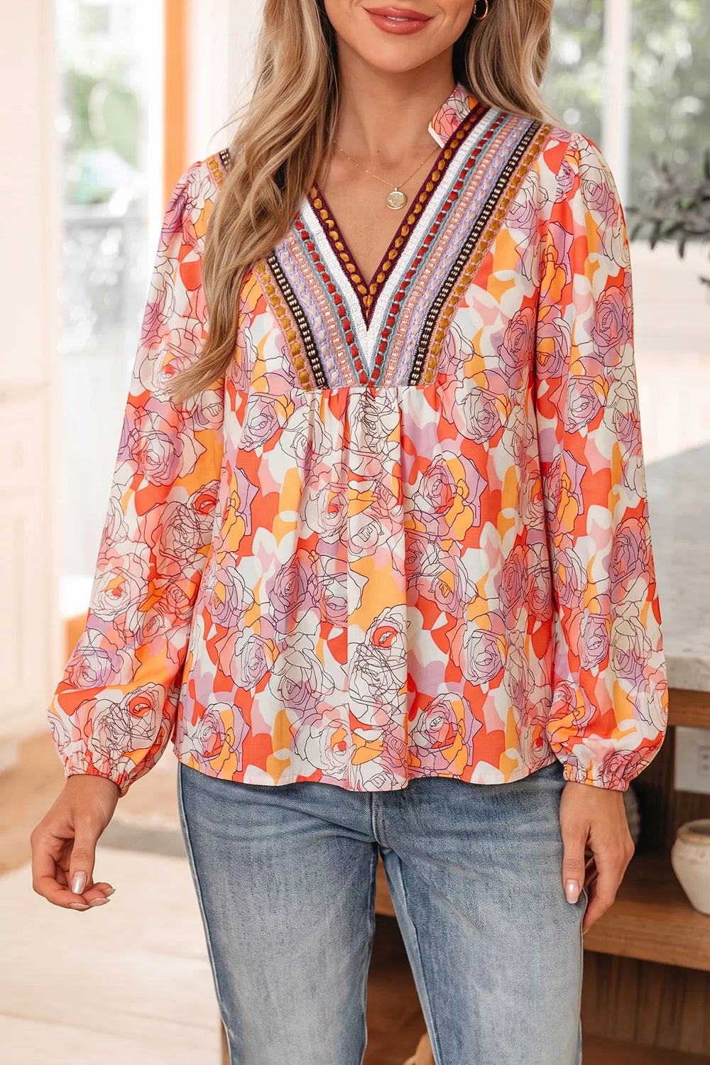 Floral Print V Neck Long Sleeve Shift Blouse