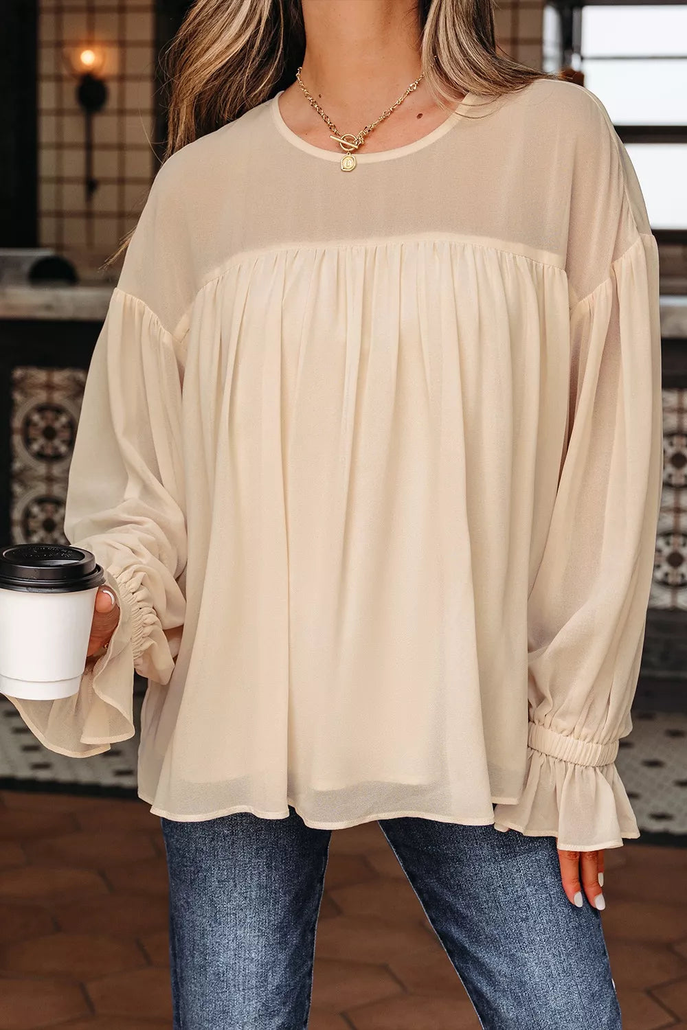 Round Neck Ruffle Sleeve Blouse