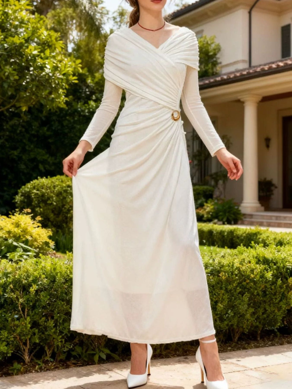 Ruched Draped Long Sleeve Maxi Dress