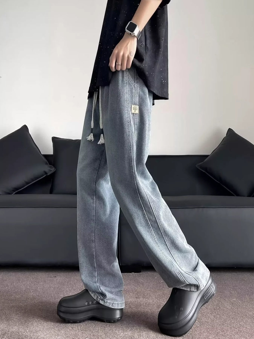 Men's Plus Size Drawstring Washed Wide Leg Jeans