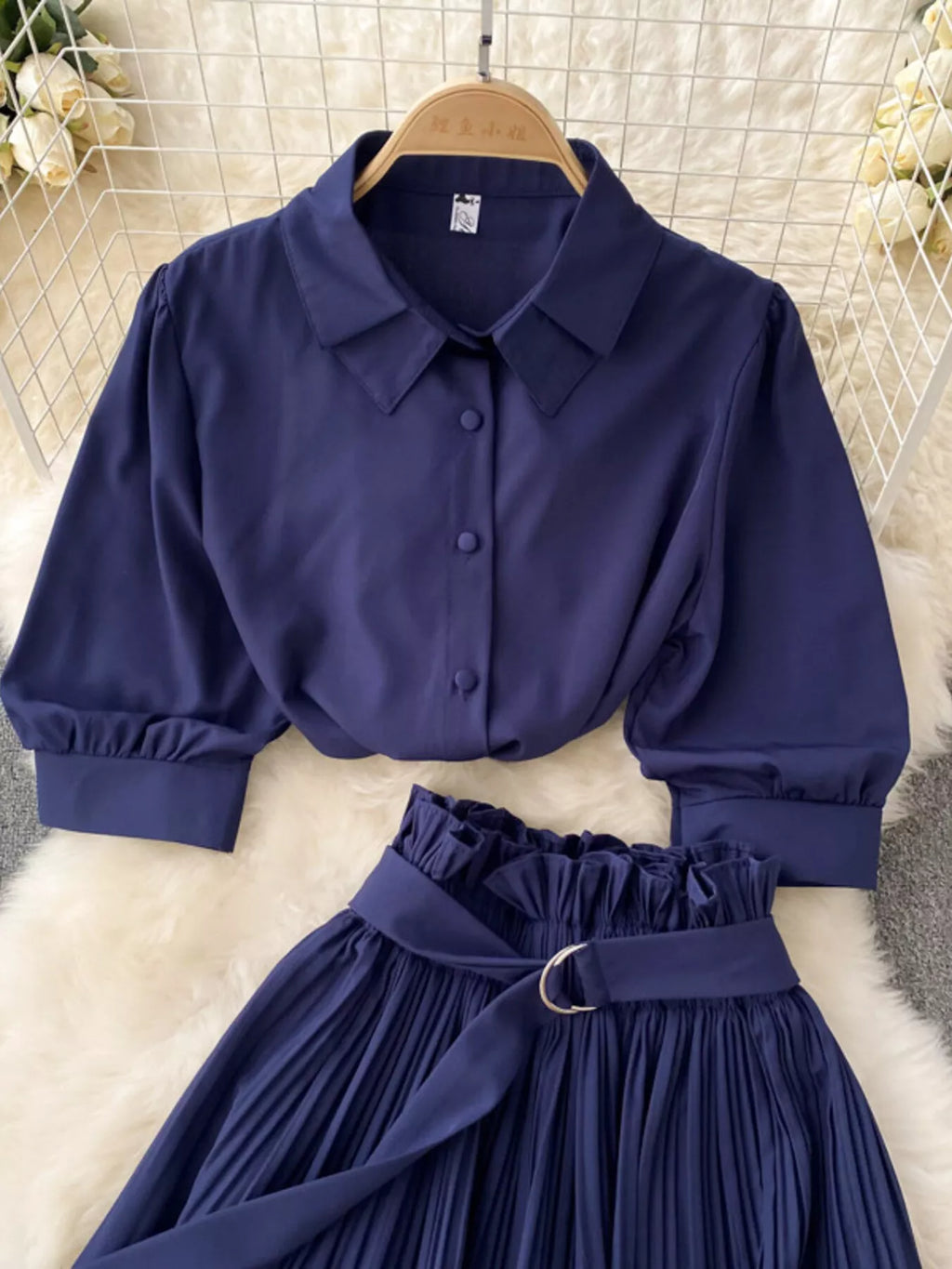 Puff Sleeve Shirt and Pleated Skirt Set