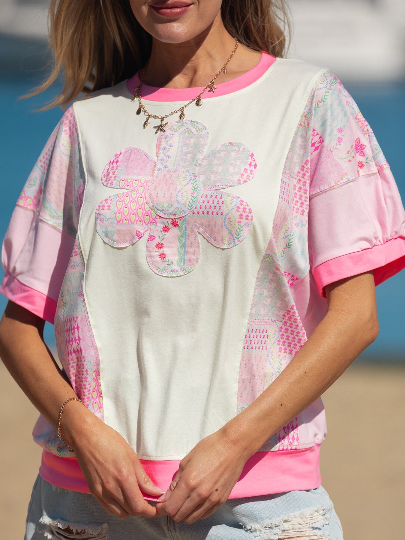Color Block Floral Patchwork Big Flower Accent Relaxed Top