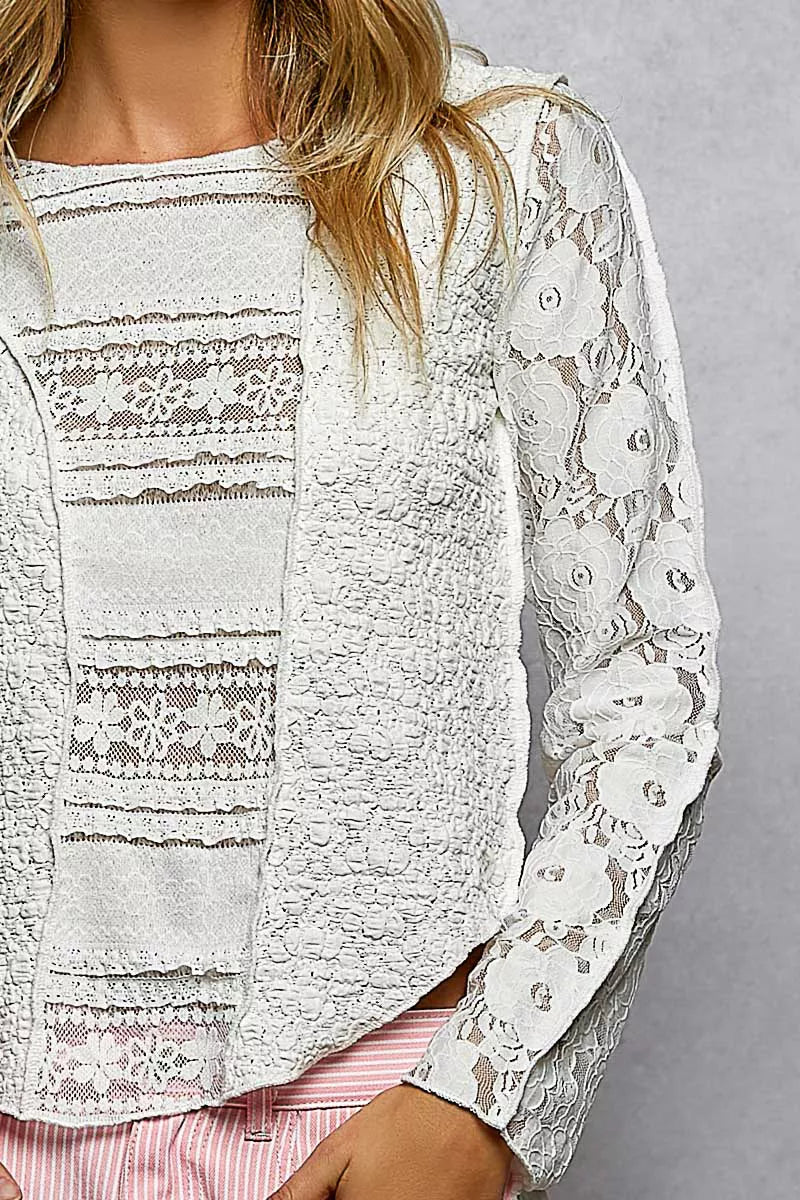 POL Round Neck Long Sleeve Exposed Seam Top with Lace Detail