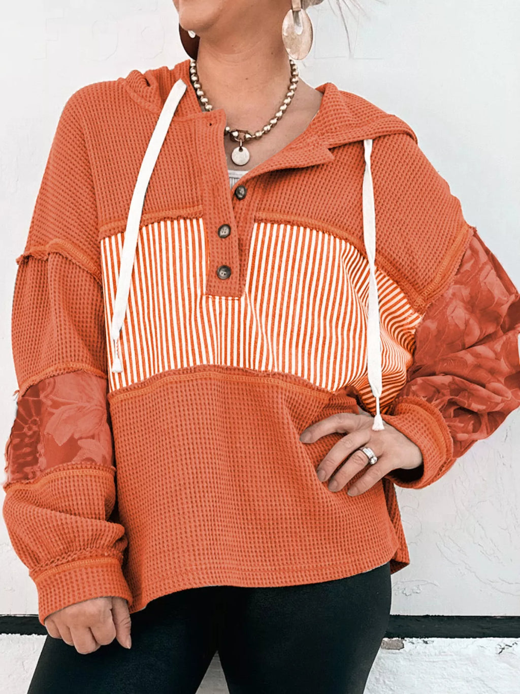 Waffle Knit Color Block Striped Drawstring Hoodie