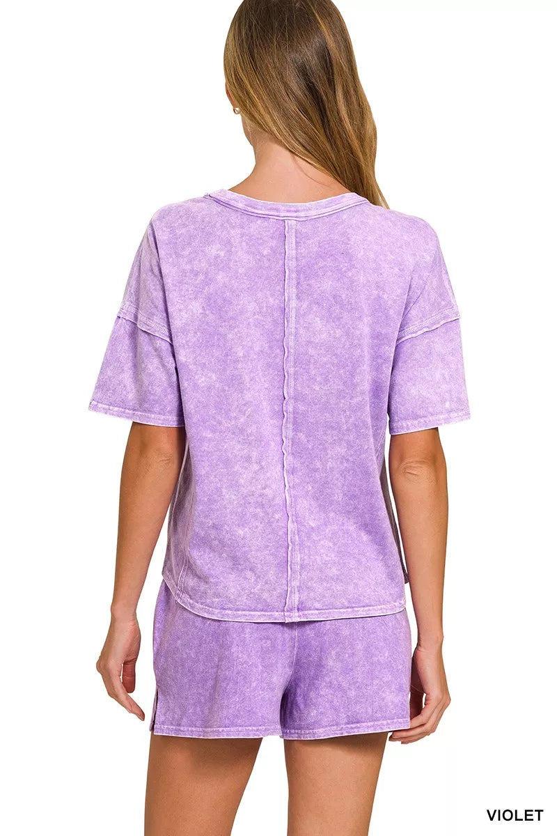 Zenana Halo Snow Washed Short Sleeve Tee and Shorts Set