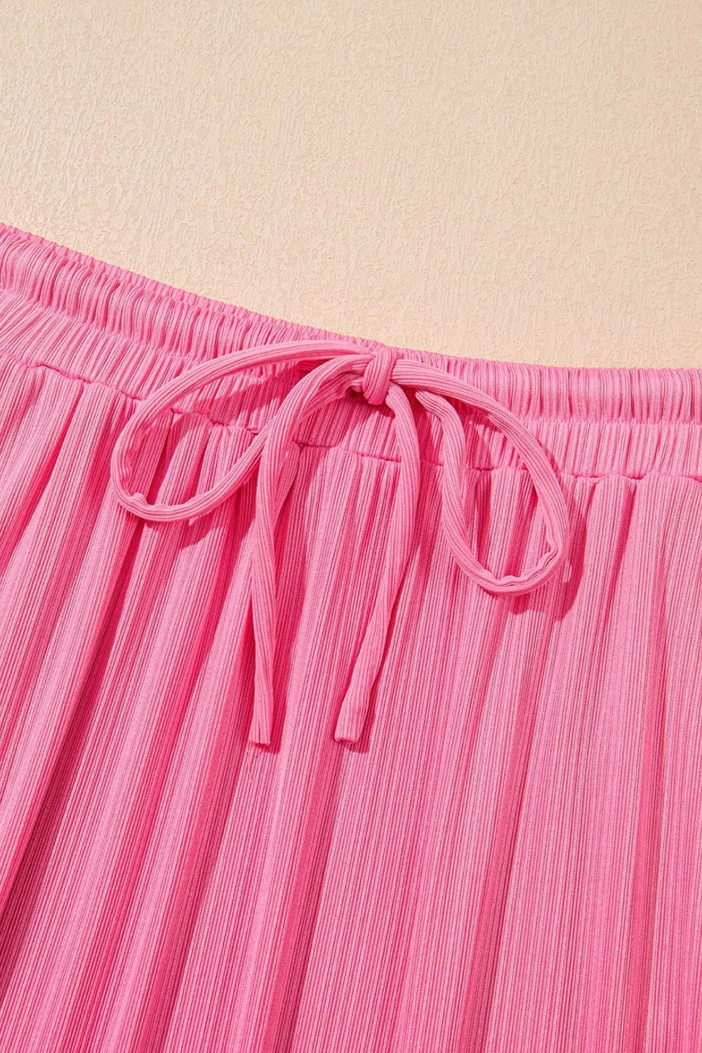 Ruffle Trim Round Neck Top and Drawstring Skirt Set