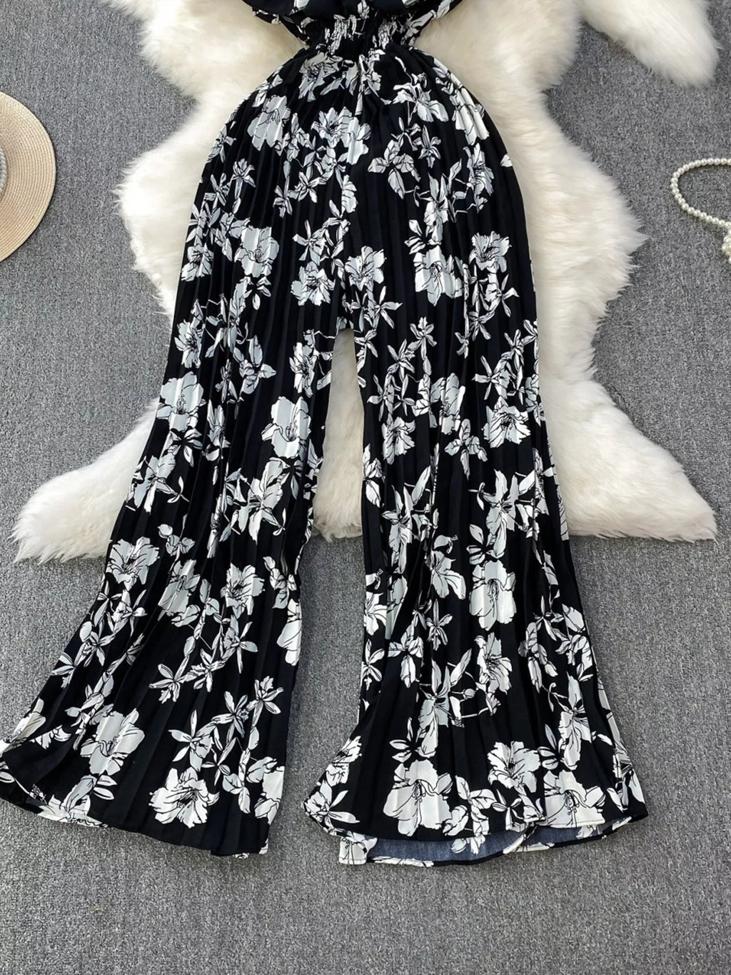 Floral Print Wide Leg Pleated Jumpsuit