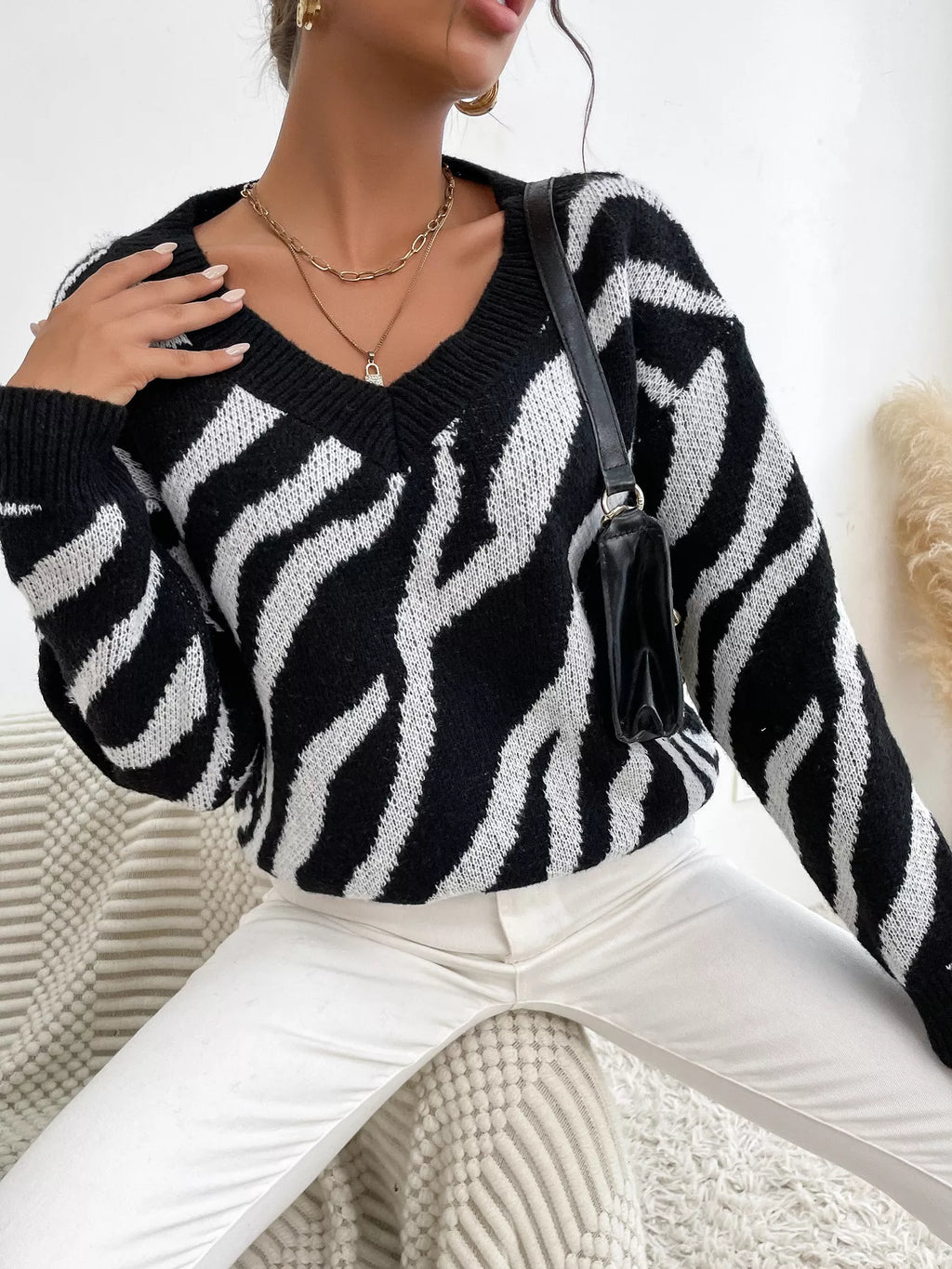 Zebra Print Relaxed Fit Pullover Sweater