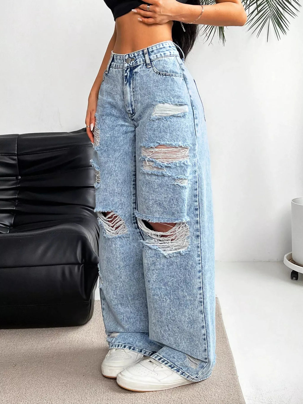 Distressed Wide-Leg Jeans