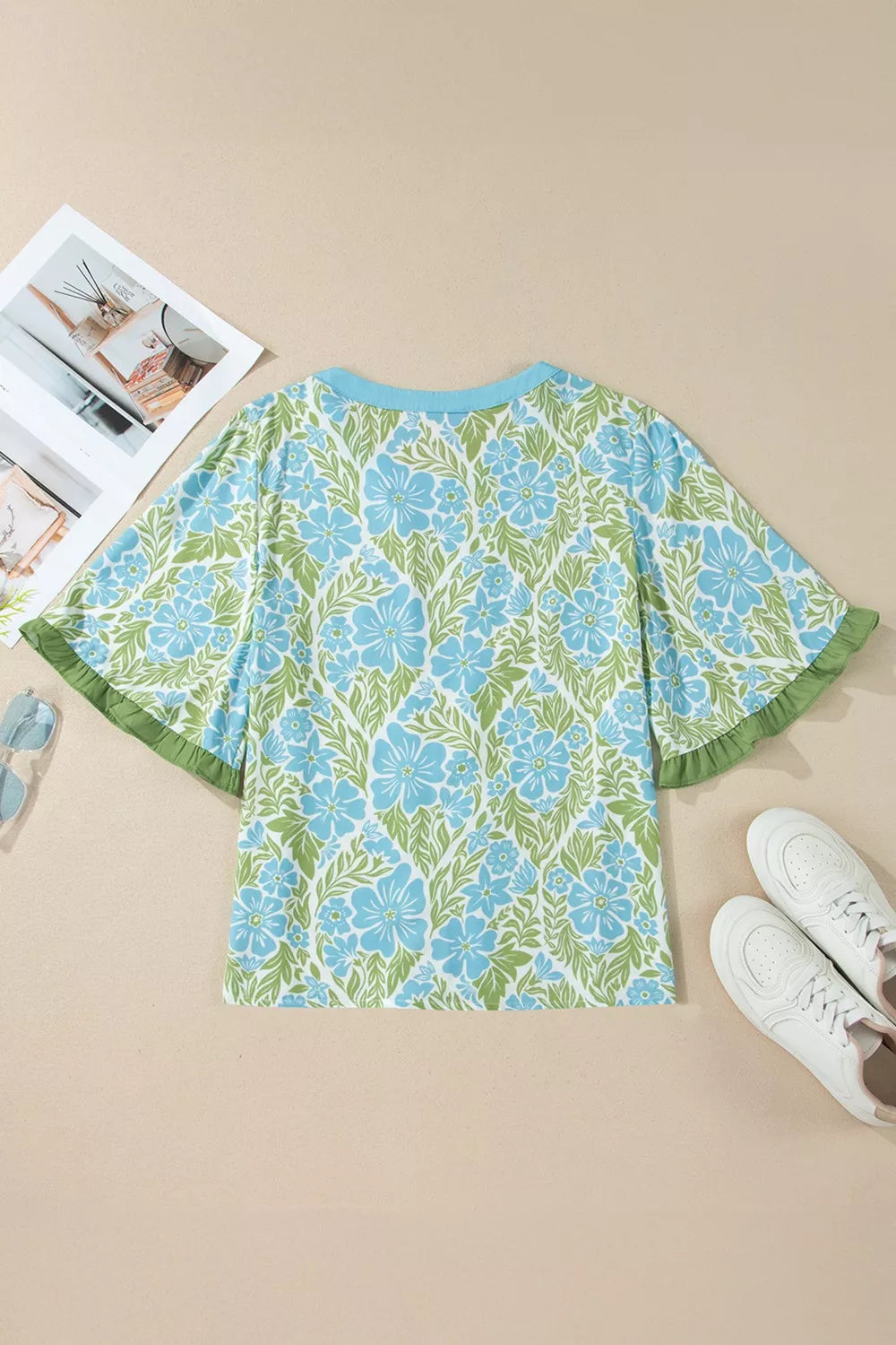 Floral Print Ruffled Color Block Trim Half Sleeve Blouse