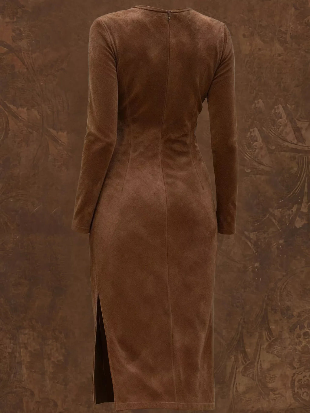 Suede Fringe Long Sleeve Midi Dress