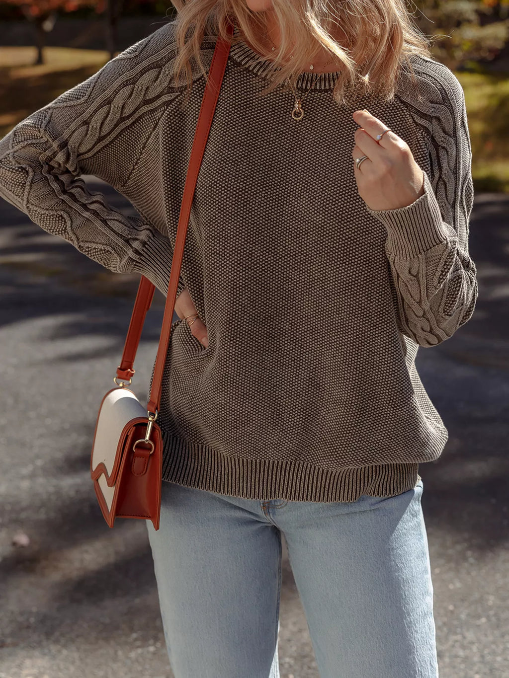 Contrast Cable Knit Sleeve Casual Sweater