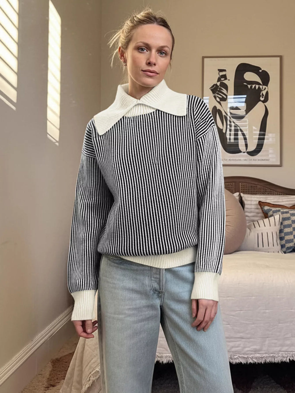 Striped Knit Sweater with Contrast Collar